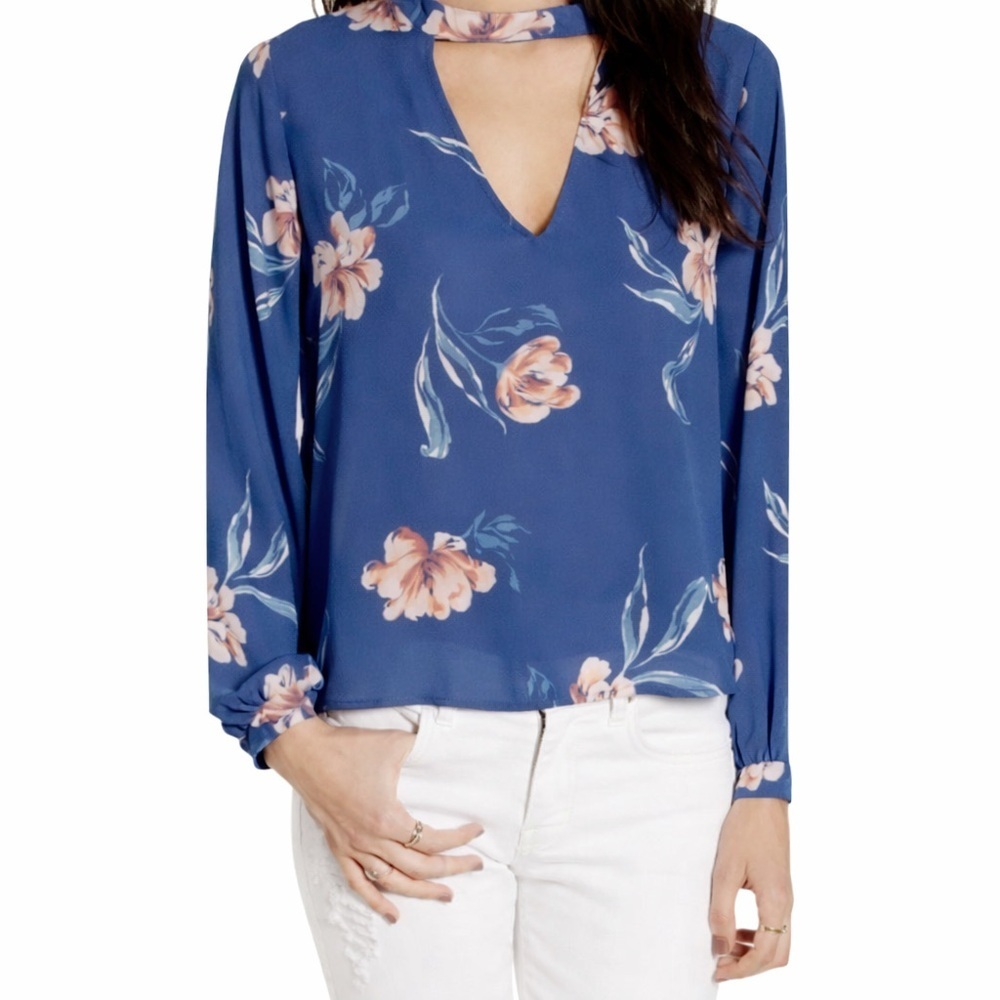 Lush Blue Balloon Sleeve Floral Keyhole Neckline Blouse
